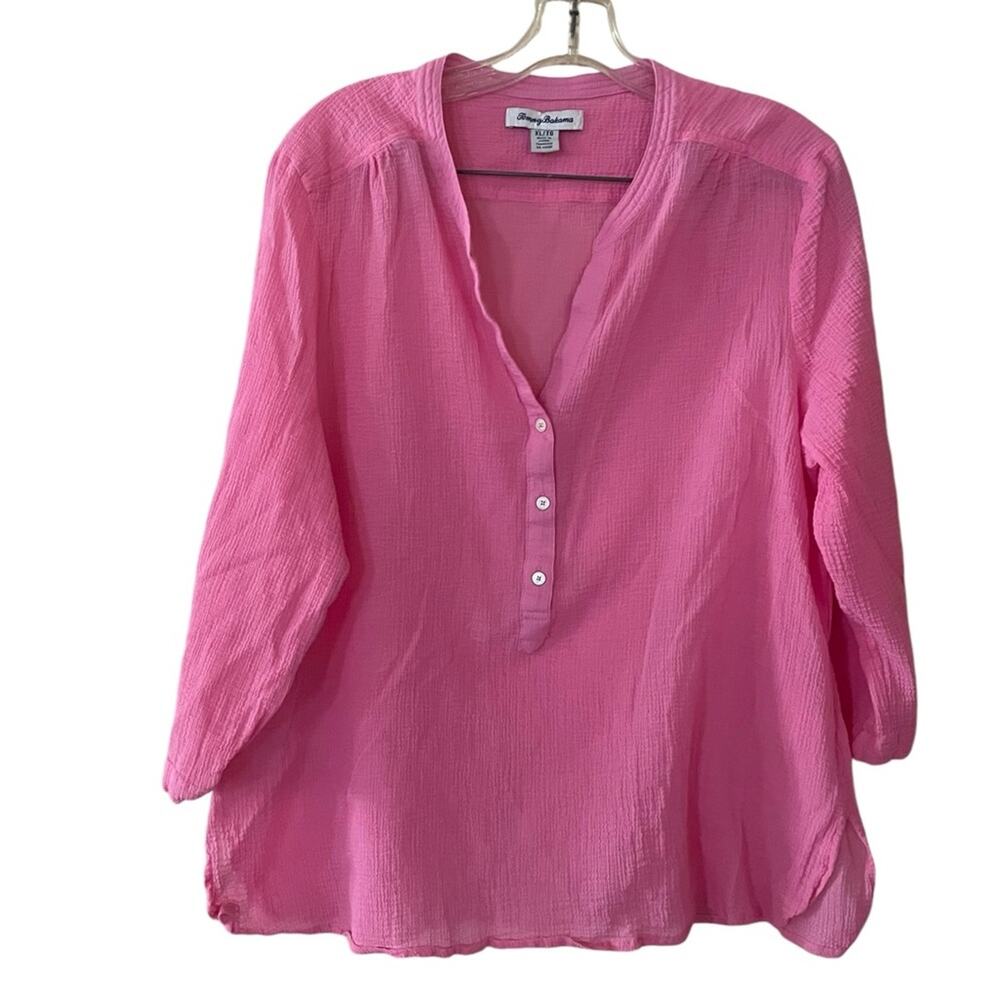 Tommy Bahama Shirt Blouse Women XL Casual Coastline Resort Gauze Cotton Top Pink